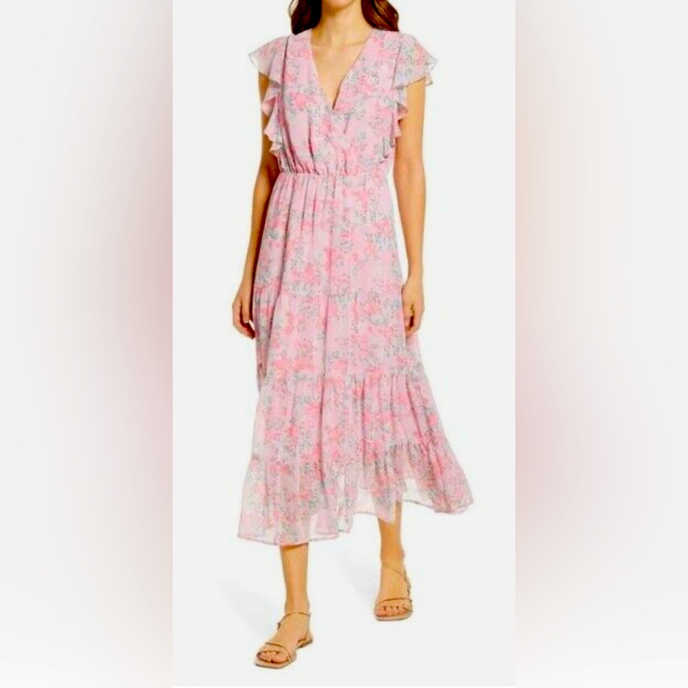 Charles Henry Ruffle Sleeve Floral Faux Wrap Dress In Pink Blossom Size M